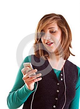 Blond teenager girl listening music