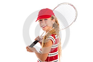 Blond tennis girl with pad and red cap smiling