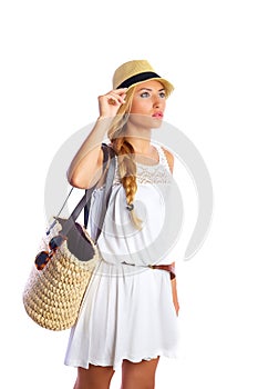 Blond tourist girl summer beach white dress