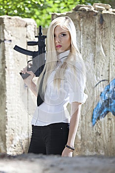 Blond woman with automatic gun