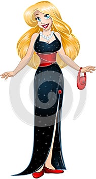 Blond Woman In Black Evening Dress