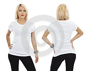 blond woman with blank white shirt