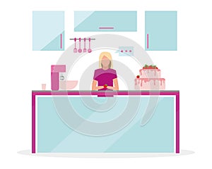 Blond woman broadcasting cooking show semi flat color vector character