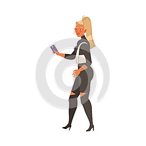 Blond Woman in Casual Wear on High Heels Waiting or Standing in Queue or in Line for Nightclub Vector Illustration