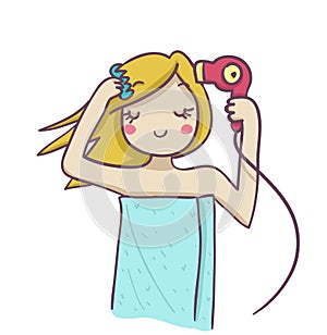 A blond woman combing and drying her blond hair wi