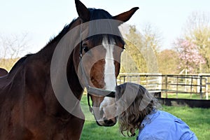 Blond woman cuddles with  her  horse photo