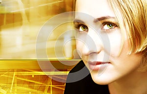 Blond woman on digital movement background