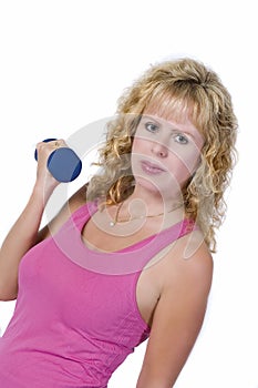 Blond woman with dumbbell