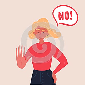 Blond woman expressing denial NO with her hand