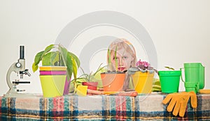 Blond woman with flower pot plant in hands studio isolated on white. Close up portrait. Young girl is cute smiling and