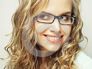 Blond woman with glasses