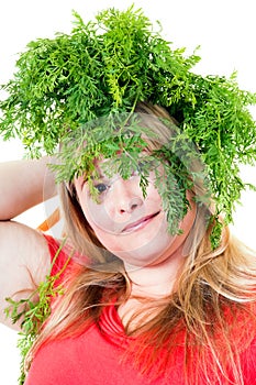 Blond woman with green carrot shoots on head