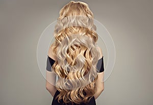 Blond woman with long beautiful hair. Back view.