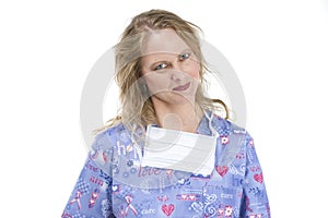 Blond woman in medical scrubs