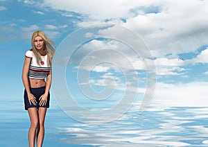 Blond woman in naval wear over the sea