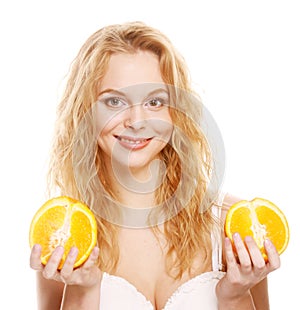 Blond woman with oranges in her hands