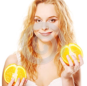 Blond woman with oranges in her hands