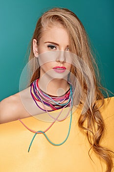 blond woman over blue background