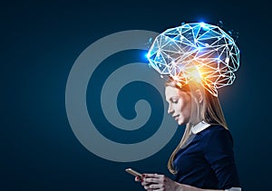 Blond woman with phone and brain hologram