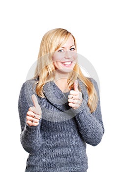 Blond woman pointing ok sign over white