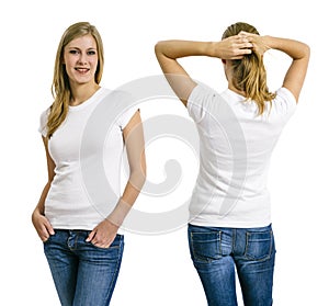 Blond woman posing with blank white shirt