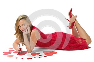 Blond woman red hearts lieing Valentine isolated