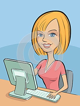 Blond woman sitting behind desktop computer