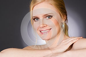 Blond Woman Smiling Big Head Shoulders Pose