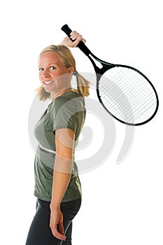 Blond woman with tennis racket