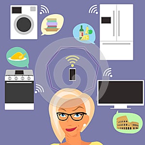 Blond woman thinking about smart gadgets at home