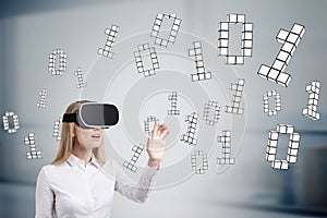 Blond woman in vr glasses, zeros and ones