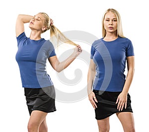 Blond woman wearing blank blue shirt