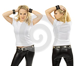 Blond woman wearing blank white shirt