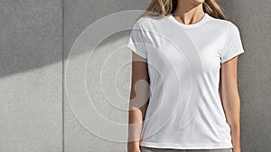 Blond woman with white t-shirt grey background mockup