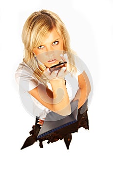 blond women holding cell phone and folder on white