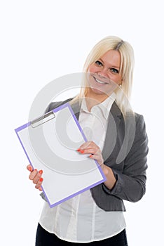 Blond young business woman with a clipboard