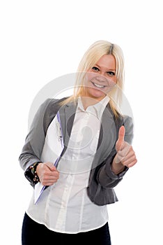 Blond young business woman with a clipboard