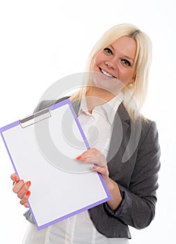 Blond young business woman with a clipboard