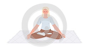 Blond young woman meditating on carpet semi flat color vector character