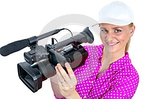 Blond young woman with professional video camcorder, on white