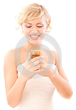 Blond young woman reads message
