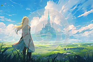 Blonde Anime Warrior On A Green Field With A Distant Fantasy City