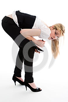 Blonde arcuated girl with back ache