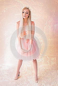 Blonde Attractive Woman, with Very Big Blue Eyes and Long Hair, with a Lace and Tulle Dress, on Pattern Pink Background