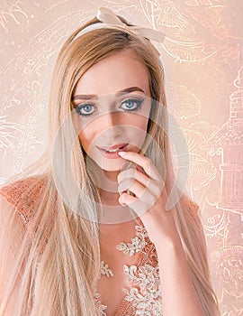 Blonde Attractive Woman, with Very Big Blue Eyes and Long Hair, with a Lace and Tulle Dress, Touching Her Lips, on Pattern Pink