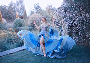 Blonde, with a beautiful elegant hairdo, walks in a fabulous blooming garden. Princess in a long gray-blue dress with a
