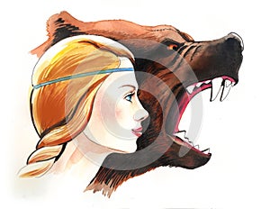 Blonde beauty and angry bear