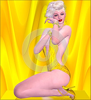 Blonde bombshell on gold and yellow background in a bikini.