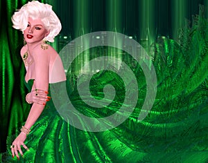 Blonde bombshell in green evening gown against matching green abstract background.
