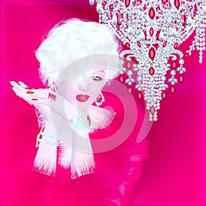 Blonde bombshell on red and pink abstract background.